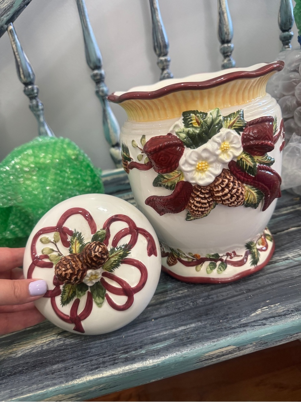 Holiday Pinecone Ceramic Biscuit/Cookie Jar - Red & Cream